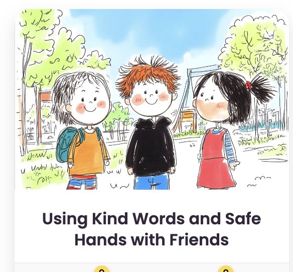 Social story about using kind words and safe hands with friends